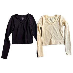 Faded Rose Chic V-Neck Ribbed Long Sleeve Bodycon Tops - Black and Pale Yellow